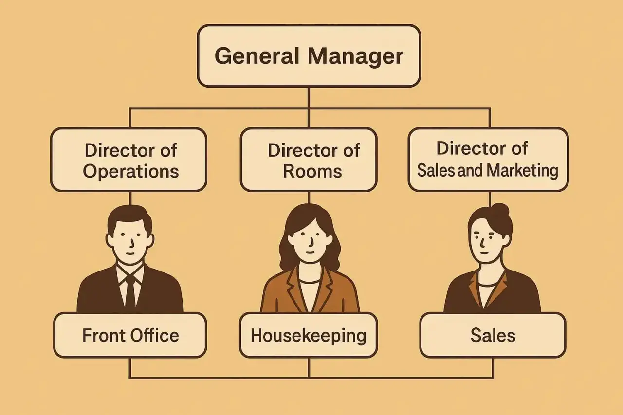 Organigramma di un hotel: General Manager, Direttori Operazioni, Camere, Vendite e Marketing, con ruoli di Front Office, Housekeeping e Sales.