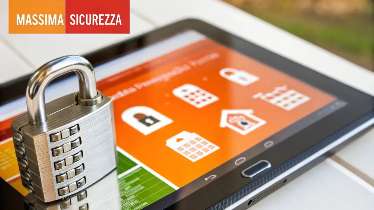 Lucchetto su tablet con icone di sicurezza. Il software check-in garantisce la massima protezione.
