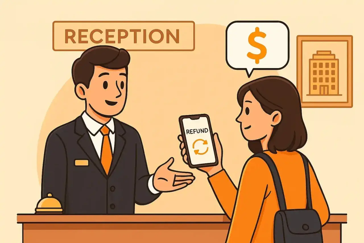 Alla reception dell'hotel, una cliente mostra il telefono con la scritta "REFUND" e un simbolo di rimborso, mentre il receptionist indica il denaro.