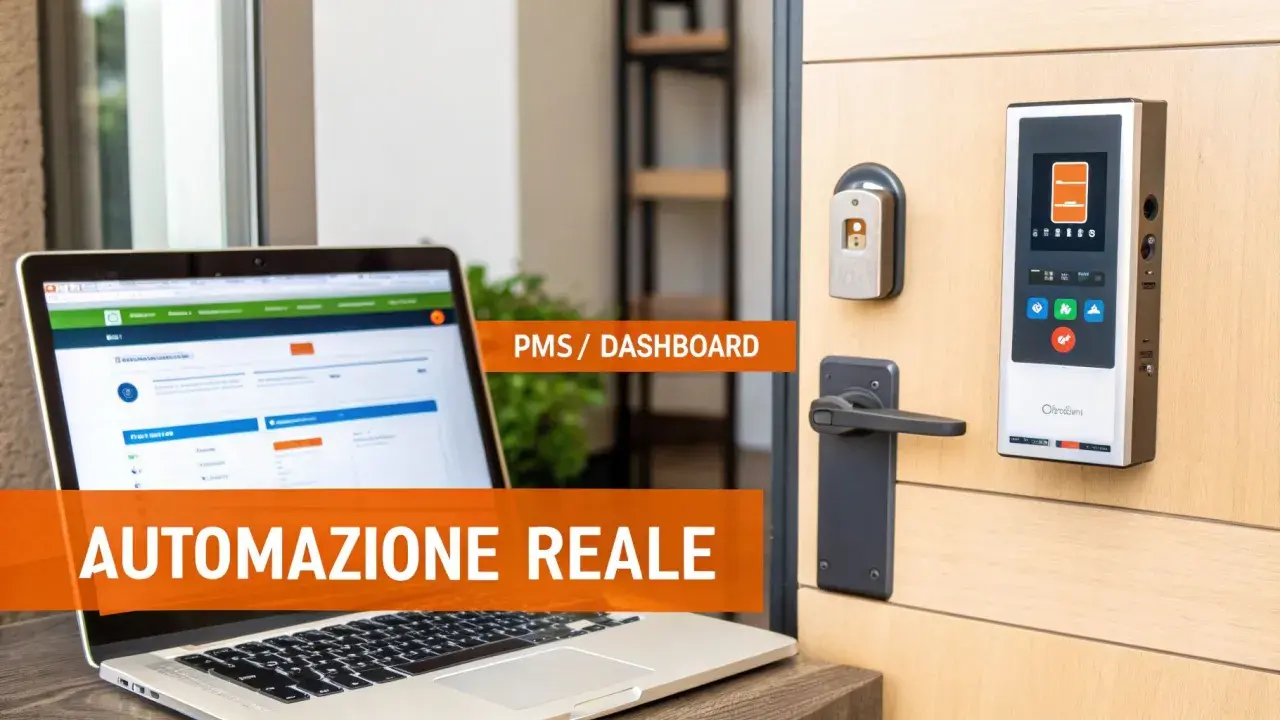 Laptop con dashboard PMS e serratura smart per self check-in Airbnb.
