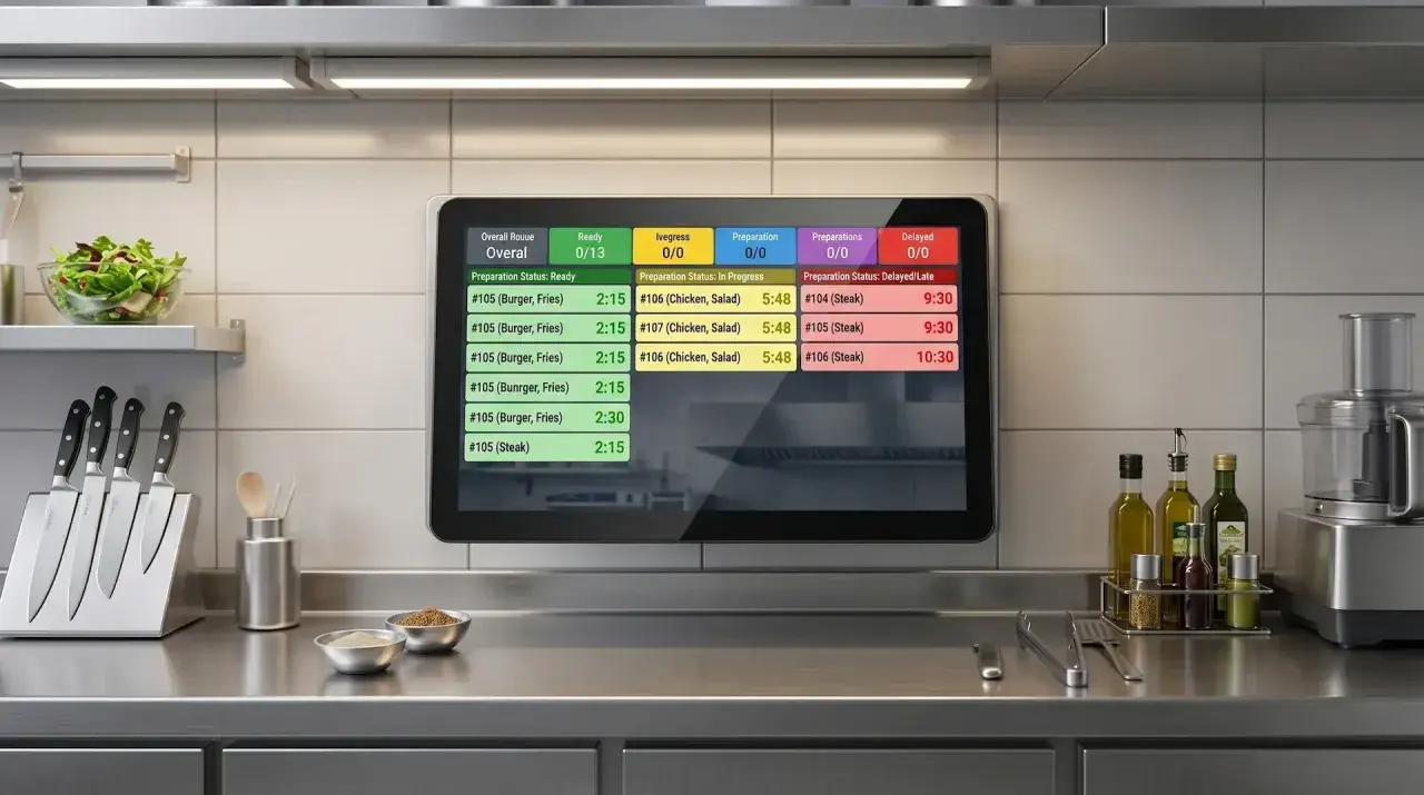 Un moderno kitchen monitor mostra lo stato degli ordini: pronti, in corso e in ritardo, con dettagli sui piatti e tempi di preparazione.