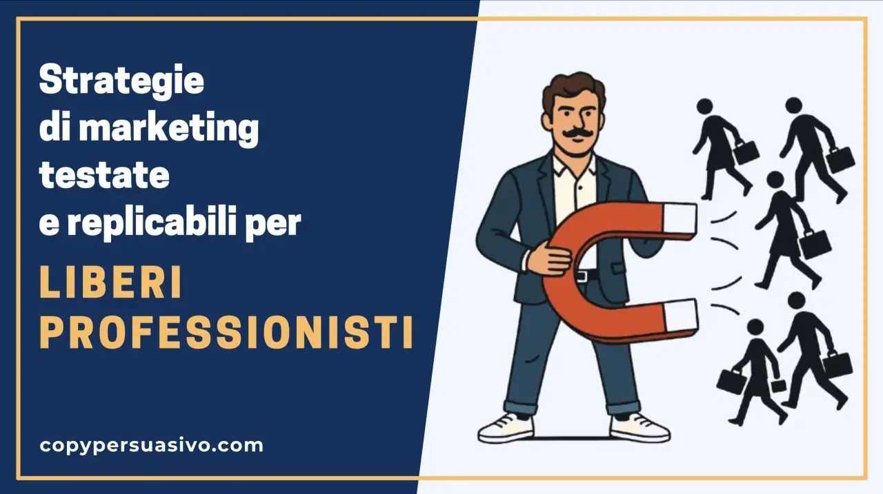 Uomo con magnete attira clienti, dimostrando strategie di marketing personalizzato per liberi professionisti.