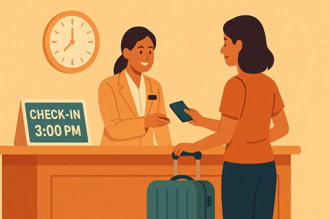 Ricezione hotel: la receptionist sorride mentre consegna una chiave a un ospite con una valigia. Il cartello indica "CHECK-IN 3:00 PM".