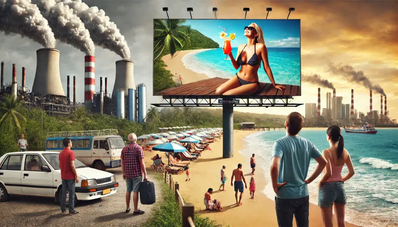 Contrasto tra un paradiso tropicale pubblicizzato e un paesaggio industriale inquinato, un esempio di marketing turistico che nasconde la realtà.