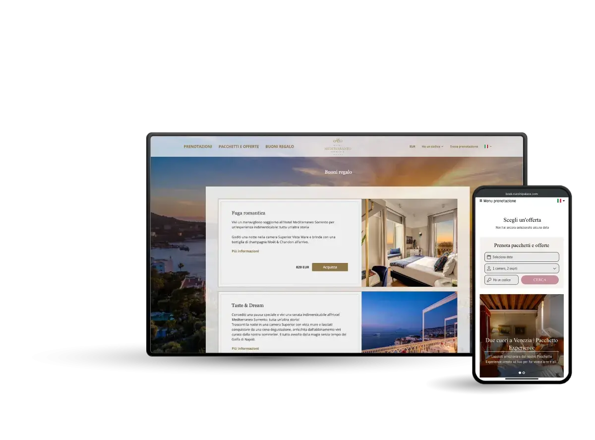 Interfaccia di un booking engine con offerte speciali e pacchetti regalo per soggiorni in hotel.