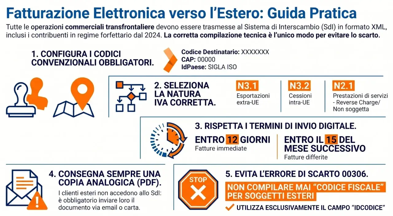 Guida alla fatturazione elettronica estera: configurazione codici, natura IVA, termini di invio, consegna analogica e gestione codici fiscali per evitare scarti.