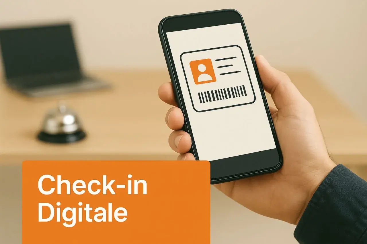 Smartphone con badge digitale e testo "Check-in Digitale". Scopri self check-in Airbnb come funziona per un arrivo senza pensieri.