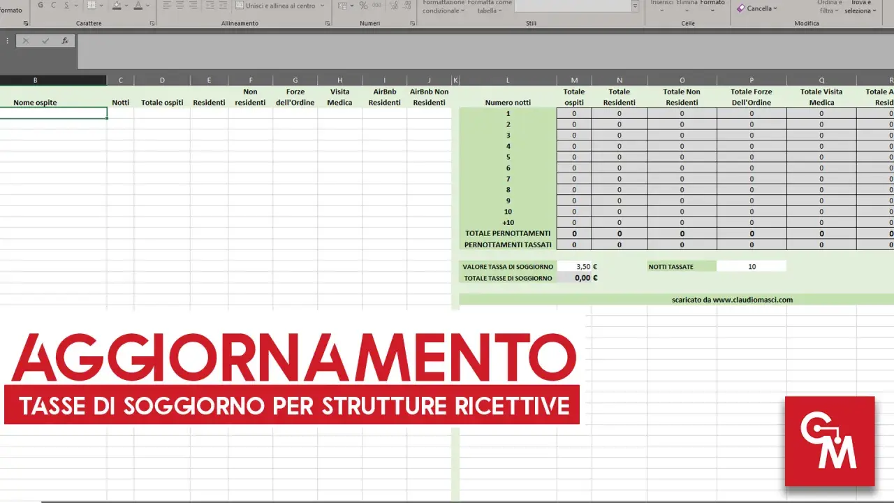 Foglio di calcolo per calcolare come pagare la tassa di soggiorno al comune. Mostra notti, ospiti e importi.