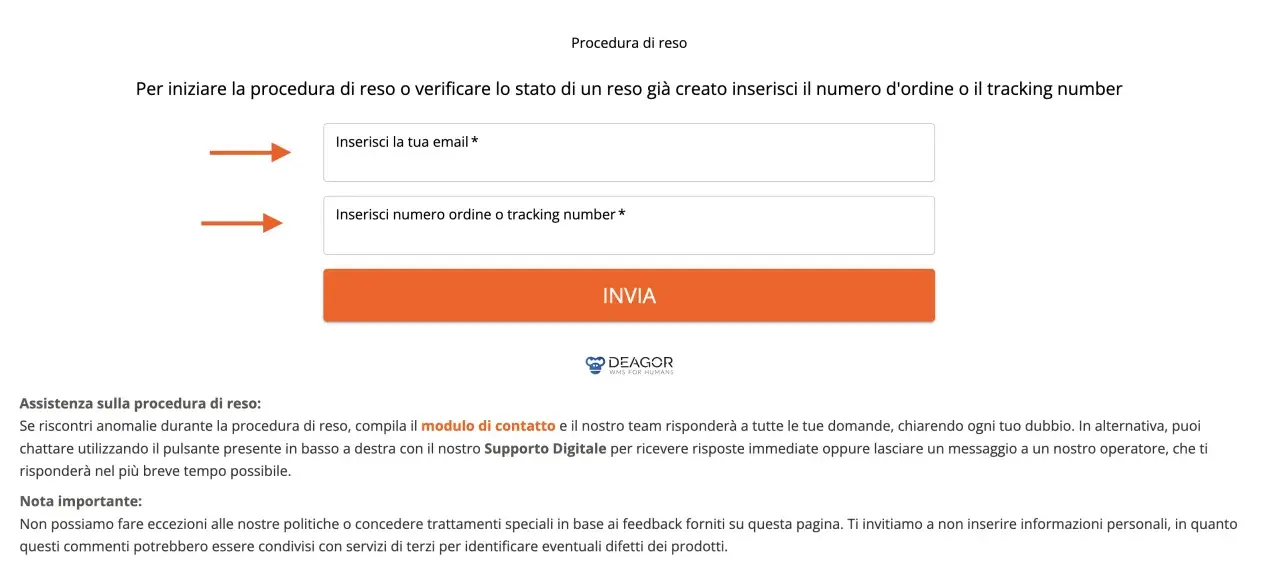 Pagina per avviare la procedura di reso o verificare lo stato di un reso. Inserisci email e numero d'ordine/tracking per procedere. Un utile scontrino cortesia per ogni informazione.