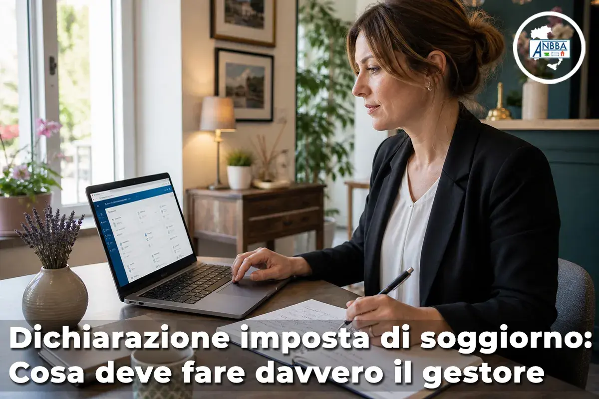 Gestore che lavora al computer, con un quaderno e una penna. La didascalia spiega come funziona la tassa di soggiorno per i gestori.