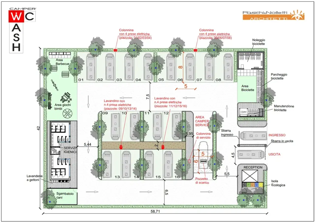 Planimetria di un'area camper con piazzole, servizi igienici, area giochi, barbecue, noleggio biciclette e reception. Le strutture ricettive di mero supporto sono ben integrate nel progetto.
