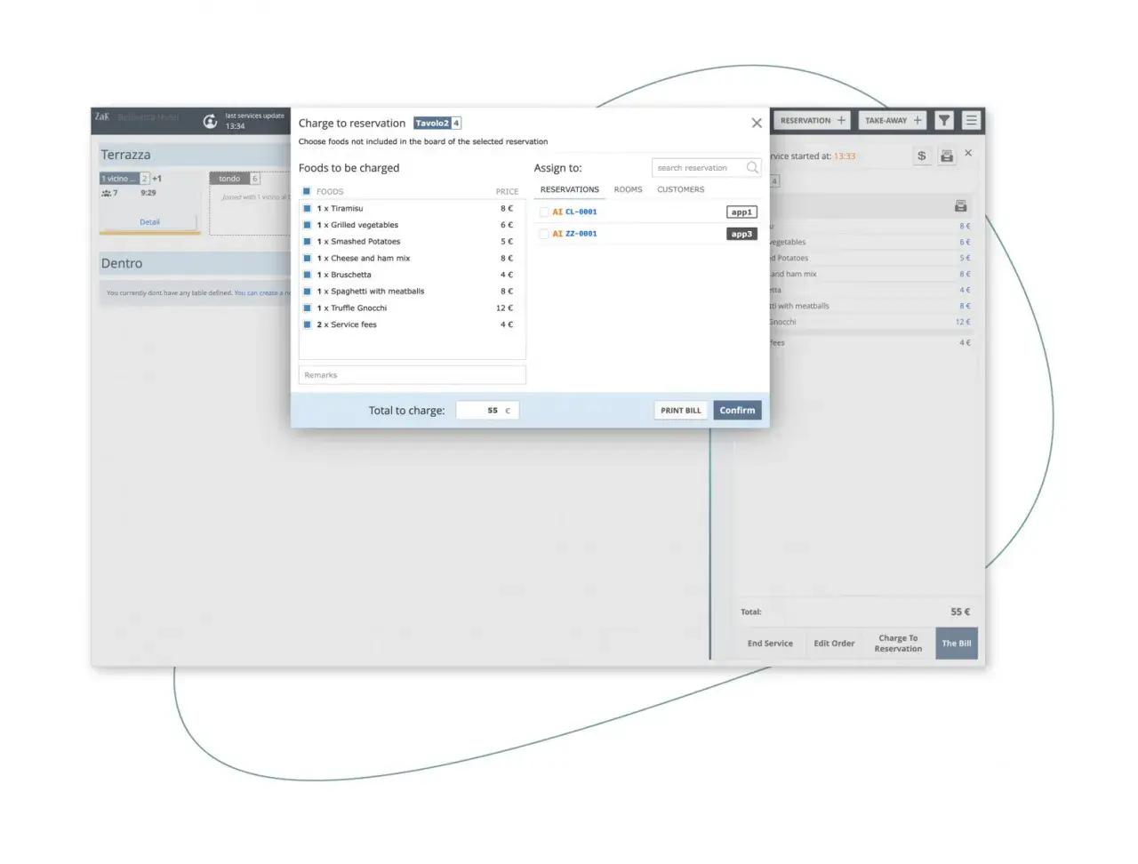 Interfaccia di un software gestione ristorante gratis: dettaglio ordini e conto per tavolo.