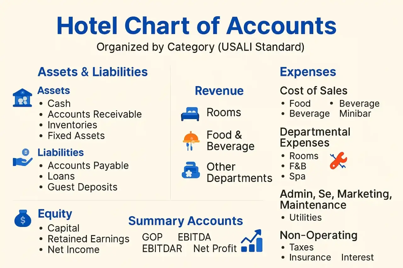 Schema del piano dei conti di un hotel, con categorie come Attività, Passività, Ricavi, Costi e Spese.
