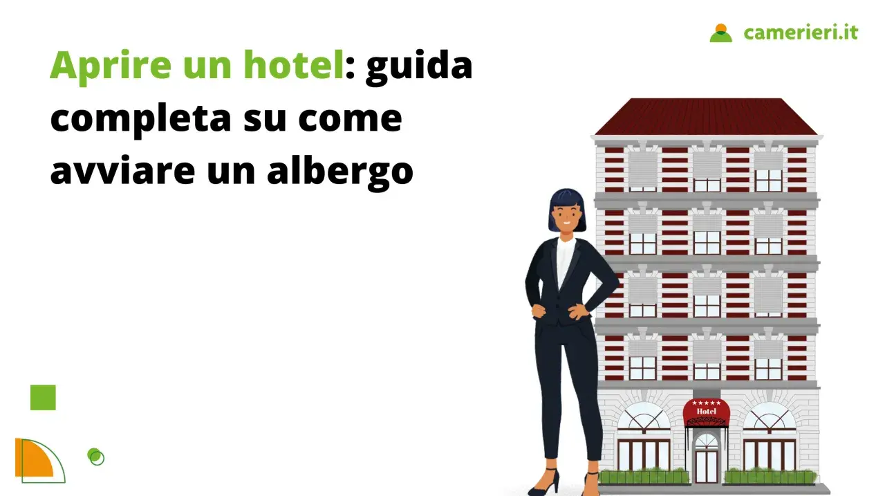 Guida completa per avviare un hotel. Una donna in giacca e pantaloni posa davanti a un edificio che rappresenta un'attività alberghiera.