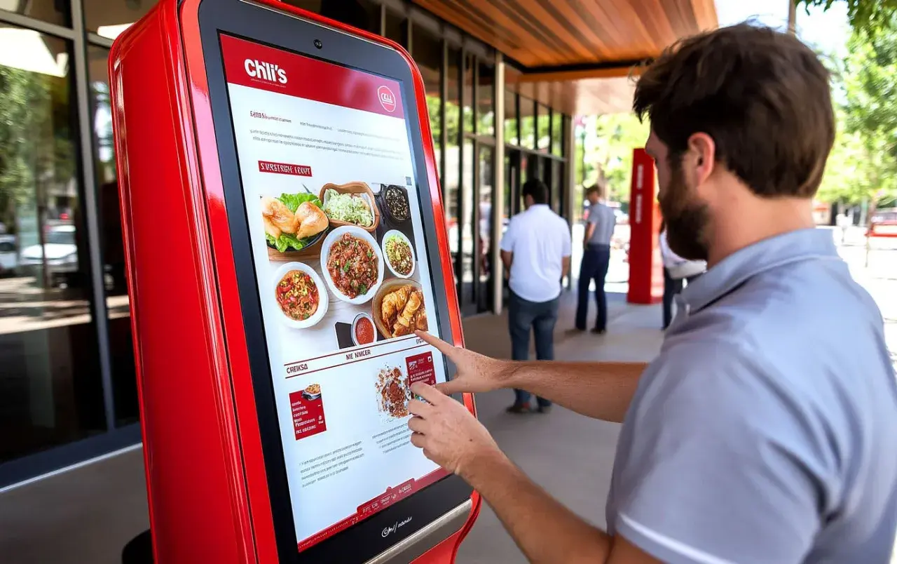 Uomo usa un self ordering kiosk rosso per ordinare cibo da Chili's, con immagini di piatti sul touchscreen.
