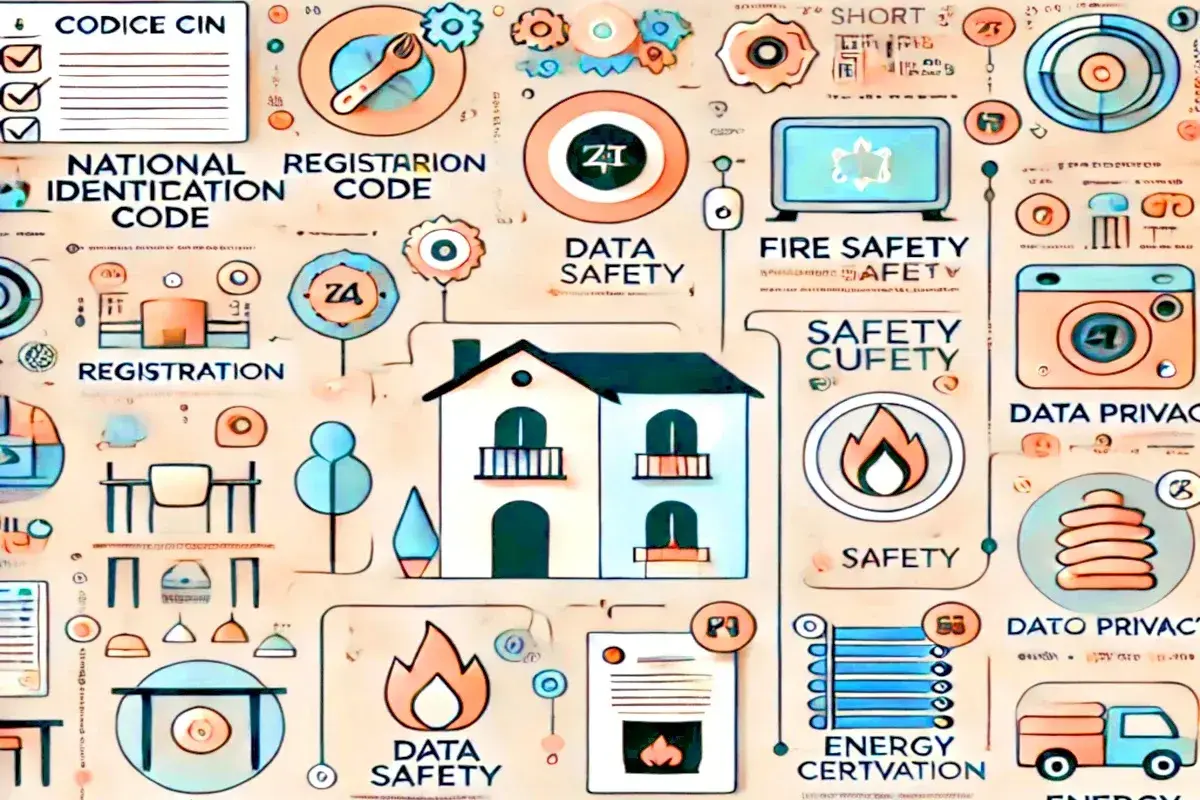 Infografica su sicurezza, privacy e registrazione per strutture ricettive. Icone per codici, dati, fuoco, casa, energia e veicoli.