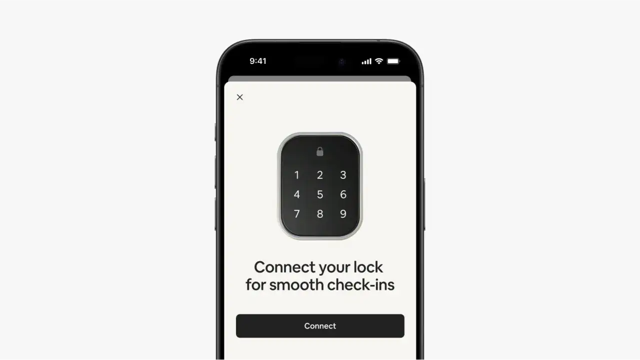 Schermata app Airbnb: tastierino numerico per il self check-in. Collega la serratura per un accesso facile.