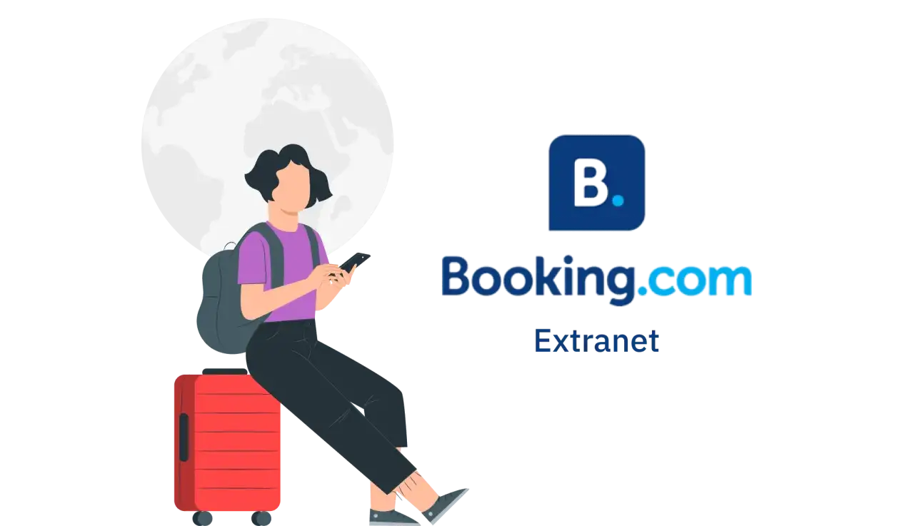 Donna con valigia e zaino, usa lo smartphone per la booking gestione prenotazione. Logo Booking.com Extranet.