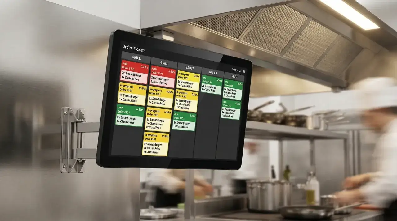 Un kitchen monitor mostra gli ordini in corso, con voci come