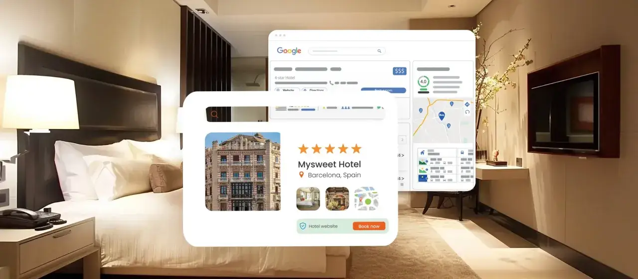 Un hotel a 4 stelle a Barcellona appare in una schermata di Google Hotel Ads, con dettagli e opzione 