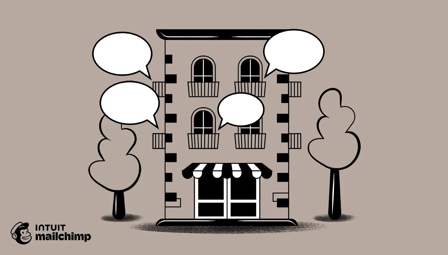Edificio con fumetti vuoti, suggerisce comunicazioni dirette e rapide, come nel sms marketing.