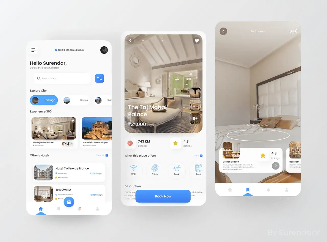 Interfaccia di un booking engine per hotel, con ricerca, offerte e visualizzazione 360°.