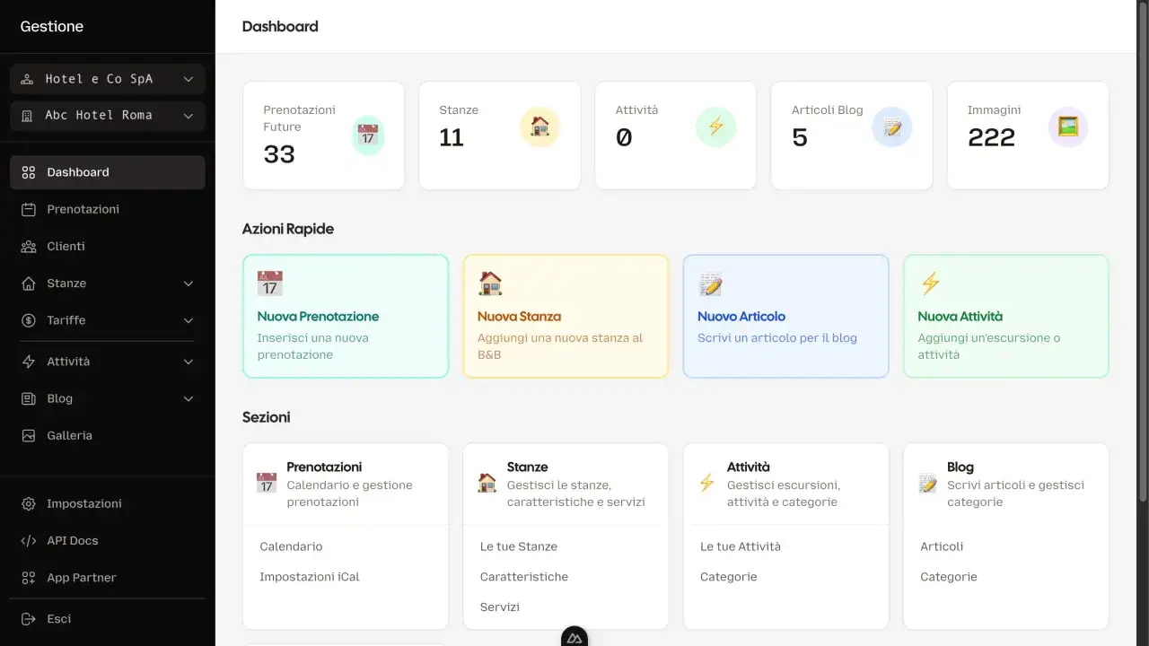 Dashboard per la gestione di un hotel. Permette il planning di hotel, prenotazioni, stanze, attivit&agrave; e blog.