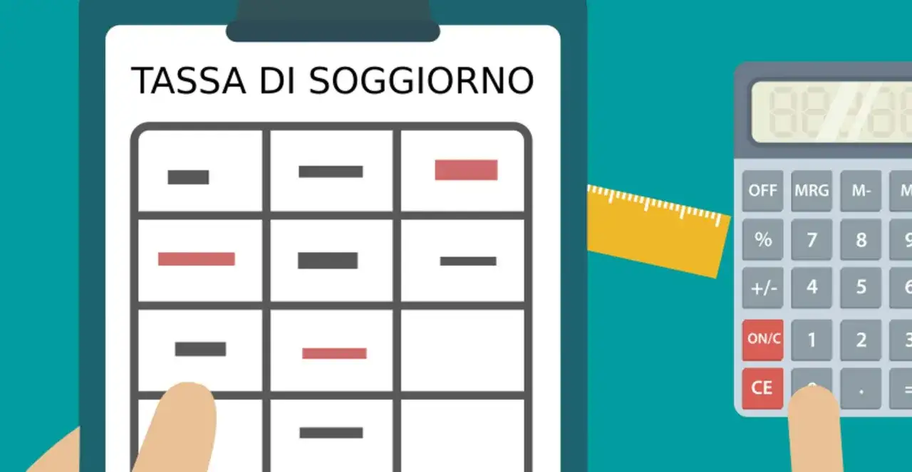 Calcolo della tassa di soggiorno: una tabella con caselle, una calcolatrice e un righello indicano come i residenti pagano la tassa di soggiorno.