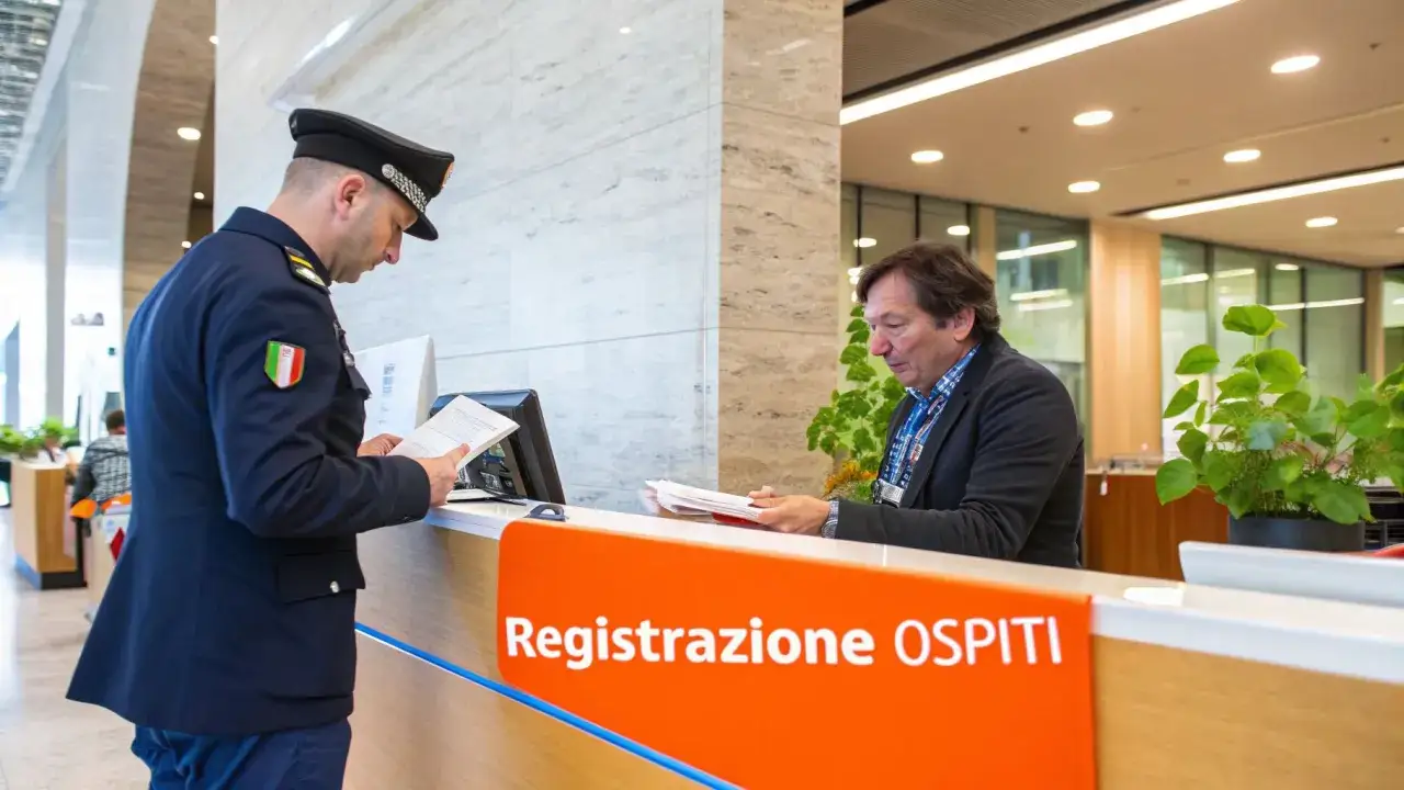 Ufficiale con divisa controlla una scheda di notificazione hotel alla reception.