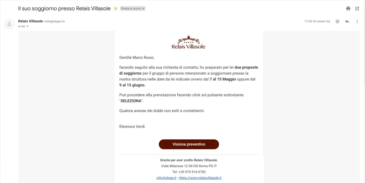 Email da Relais Villasole con due proposte di soggiorno, cos'&egrave; un preventivo. Clicca 