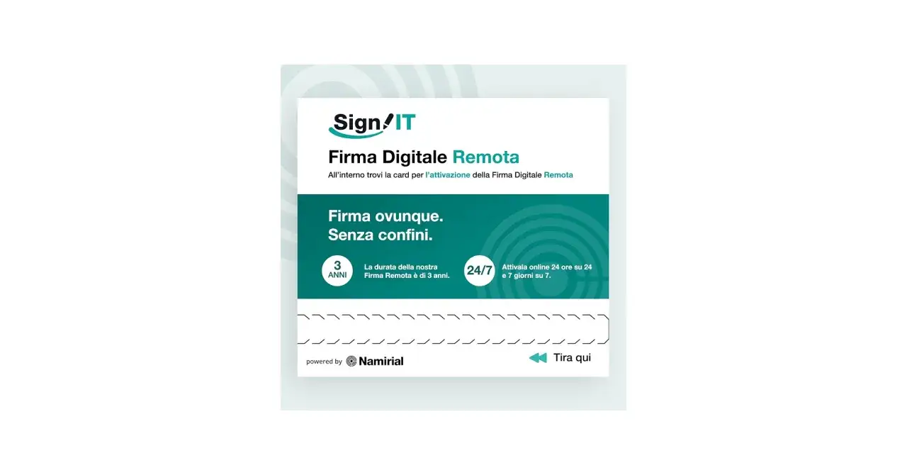 Card per attivazione Firma Digitale Remota Sign IT. Durata 3 anni, attivazione 24/7. Firma ovunque, senza confini. Namirial.