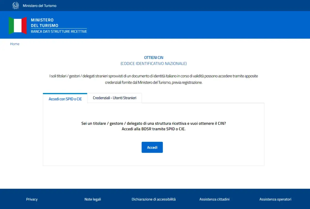 Pagina del Ministero del Turismo per ottenere il CIN. Accedi con SPID o CIE per richiedere il Codice Identificativo Nazionale.
