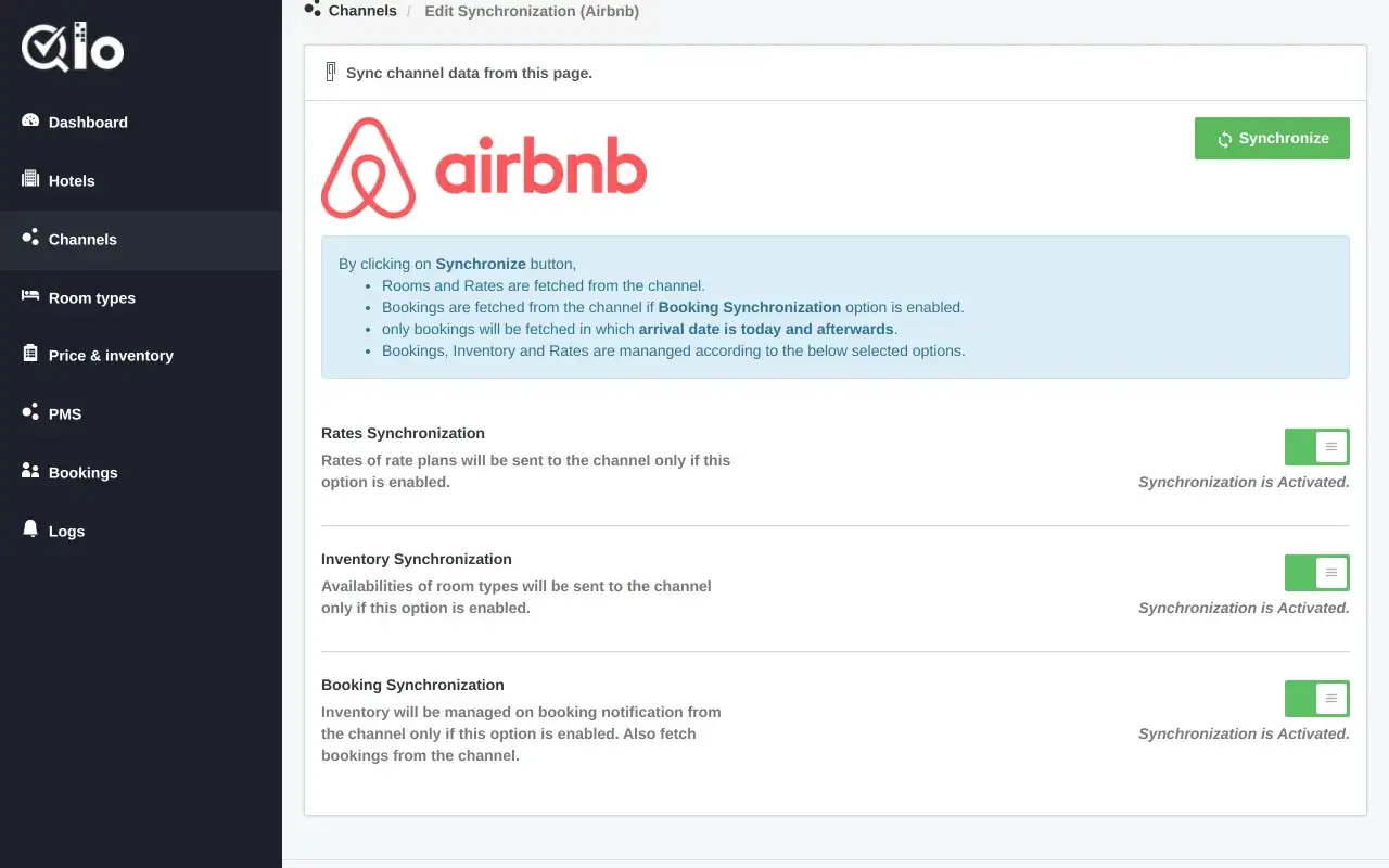 Schermata di sincronizzazione Airbnb. Permette di gestire booking e Airbnb insieme, sincronizzando tariffe, inventario e prenotazioni.