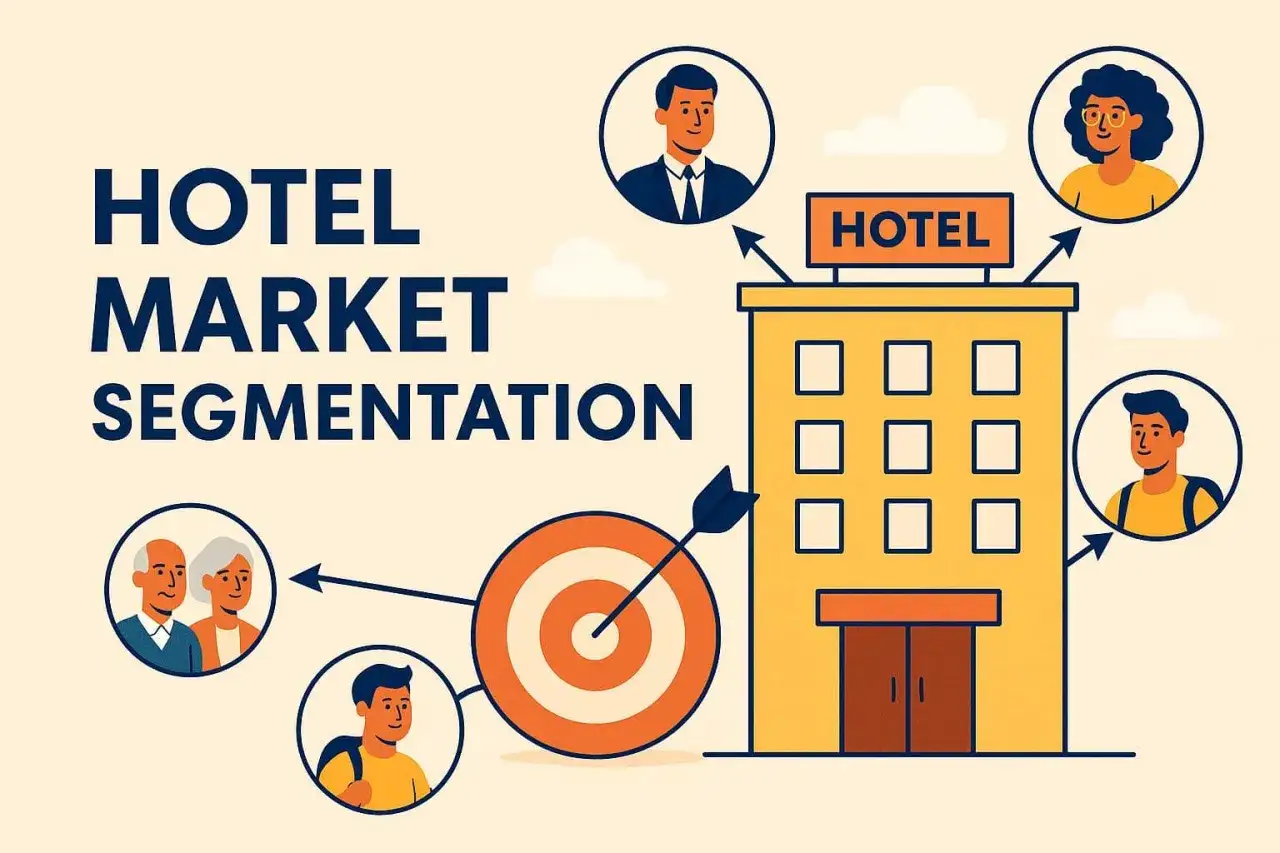 Illustrazione che mostra la segmentazione clienti per un hotel, con diverse tipologie di ospiti rappresentate attorno all'edificio.