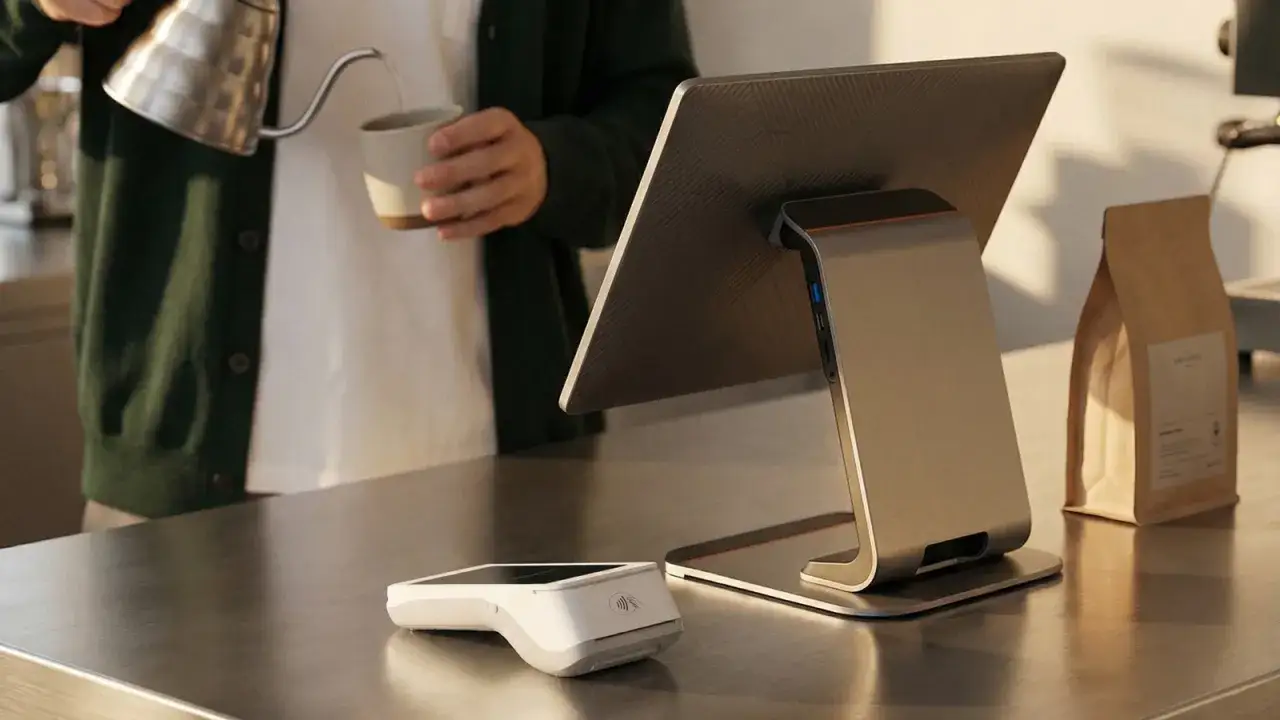 POS moderno con registratore di cassa e lettore di carte. Un barista prepara un caff&egrave; sullo sfondo.