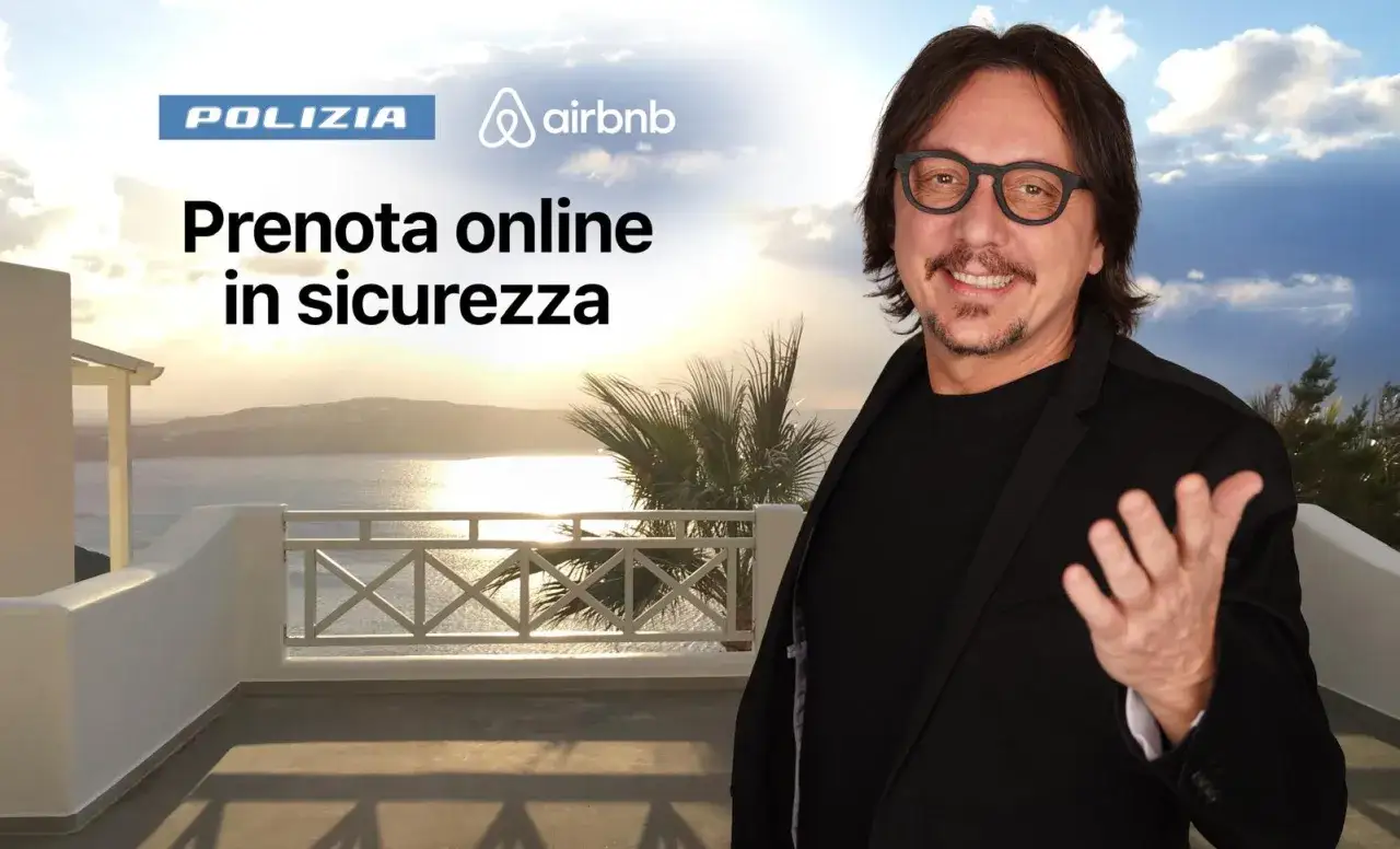Uomo sorridente con occhiali, logo Polizia e Airbnb. Testo: