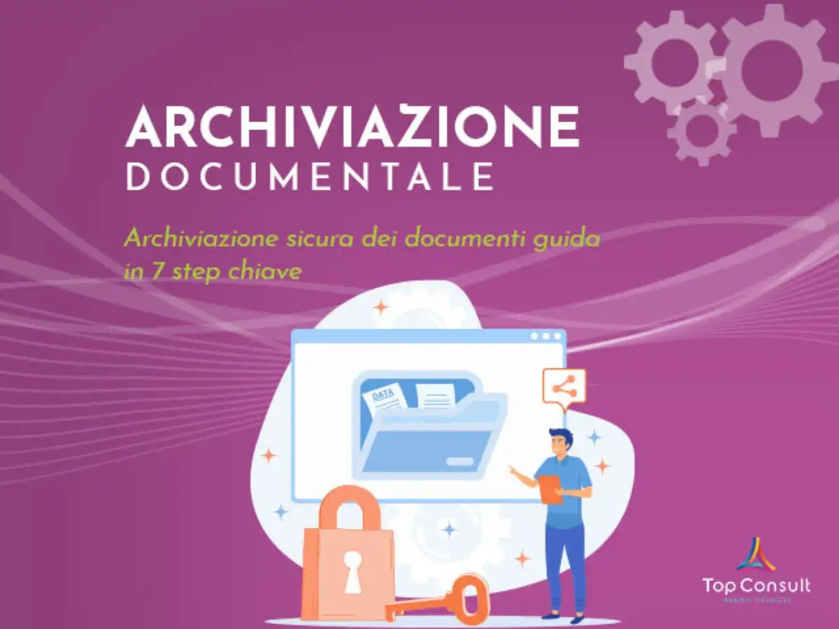 Guida all'archiviazione digitale dei documenti: un uomo illustra un sistema sicuro con lucchetto e chiave, per una gestione efficiente.