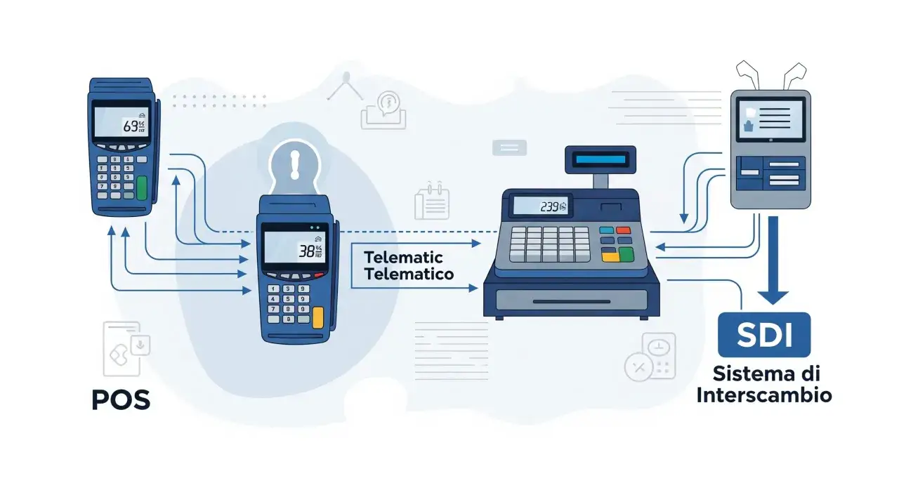 Diagramma che illustra il flusso di dati dai POS al sistema SDI, evidenziando l'obbligo POS per le transazioni telematiche.