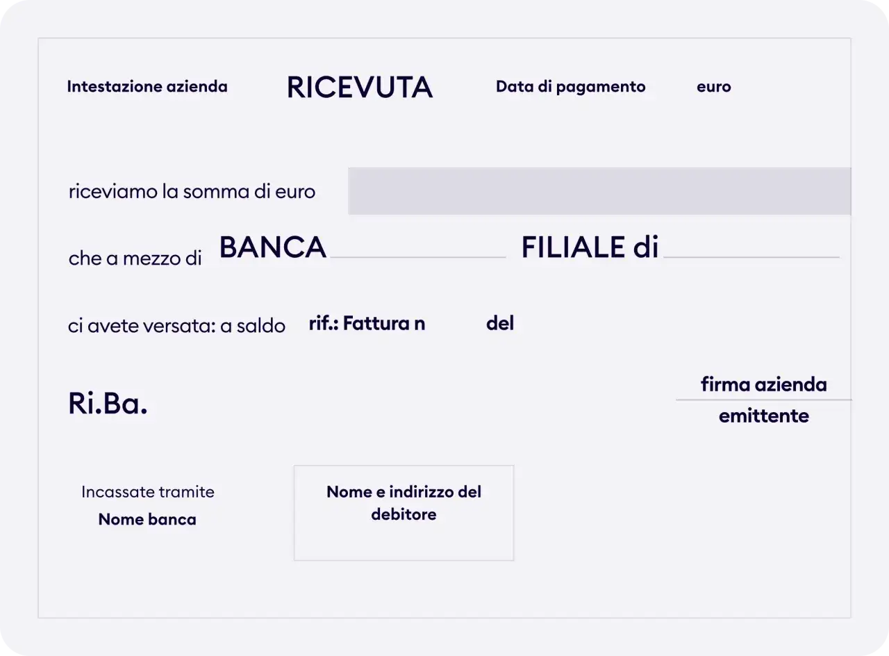 Ricevuta bancaria (Ri.Ba.) per incasso tramite banca, con dettagli su importo, filiale e riferimento fattura.