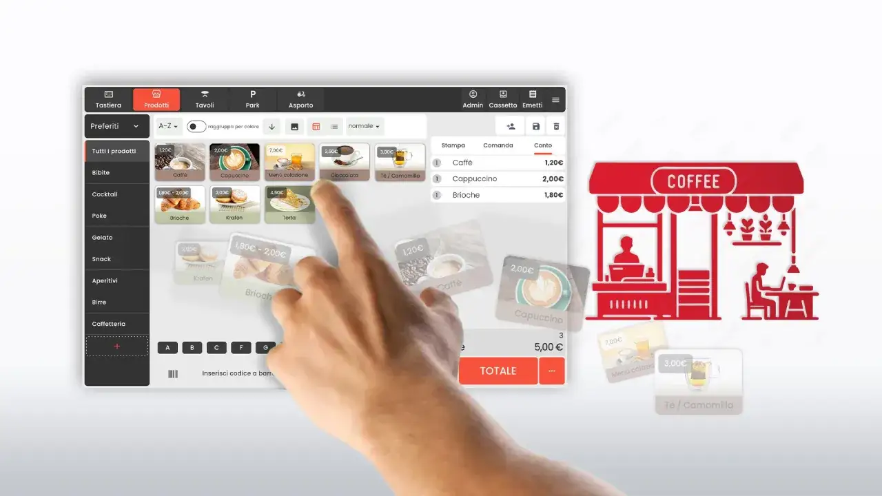 Interfaccia di un software gestione ristorante gratis con prodotti come caff&egrave;, cappuccini e brioche.