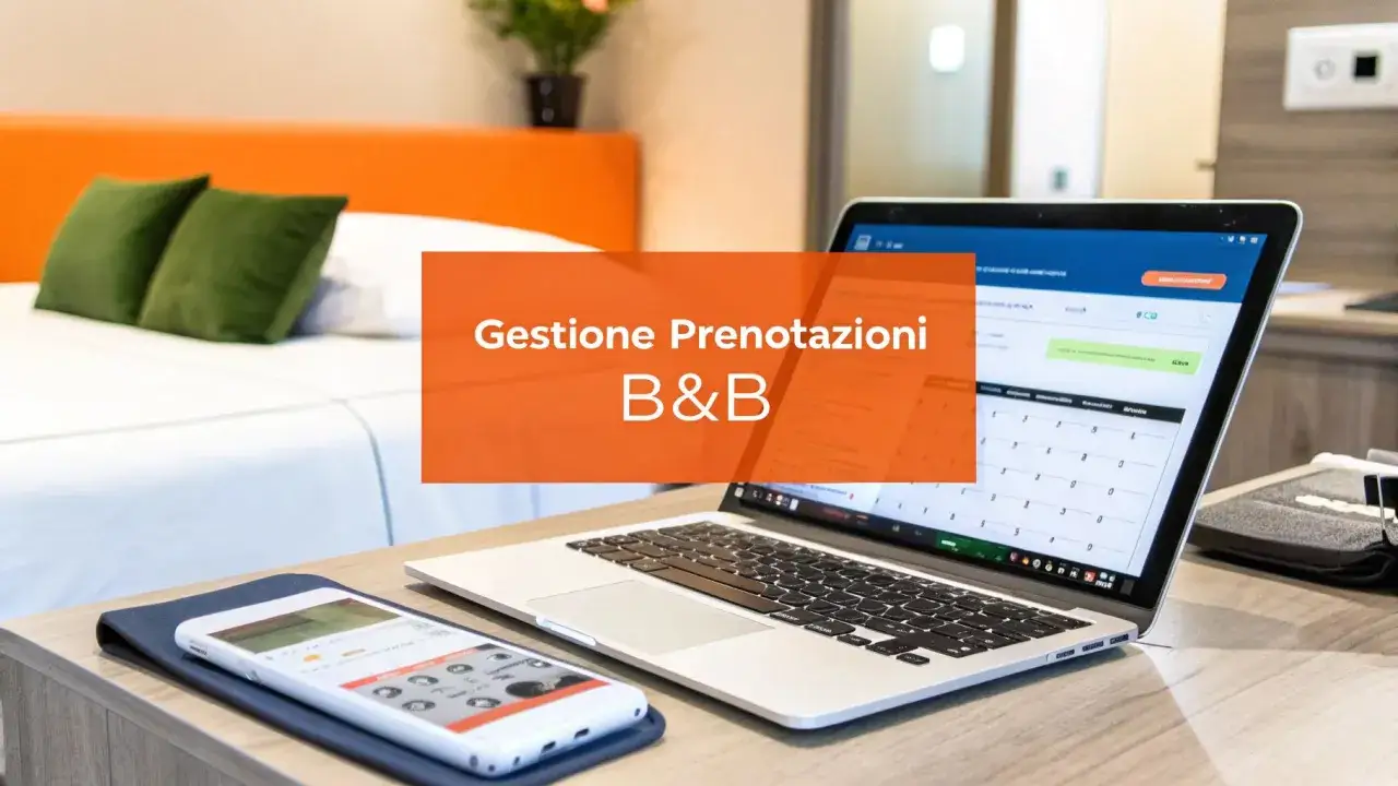 Un laptop e uno smartphone mostrano un'app per la gestione delle prenotazioni B&B, con un letto sullo sfondo.