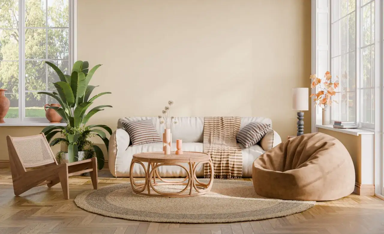 Un accogliente soggiorno con divano, poltrona sacco e tavolino in rattan. La luce filtra dalle finestre, creando un'atmosfera rilassante, perfetta per il casa vacanze significato.