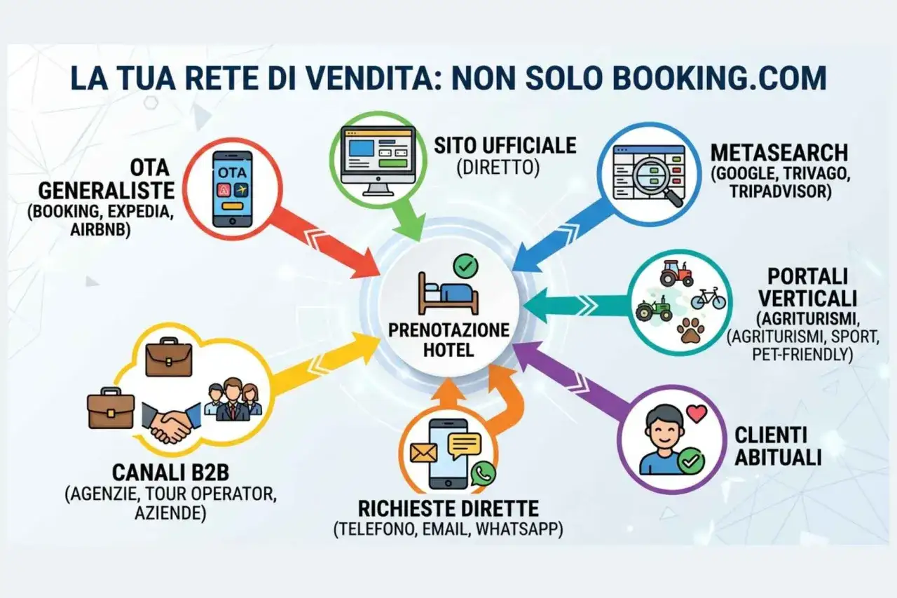Schema del marketing alberghiero: OTA, sito ufficiale, metasearch, portali verticali, clienti abituali, canali B2B e richieste dirette convergono alla prenotazione hotel.