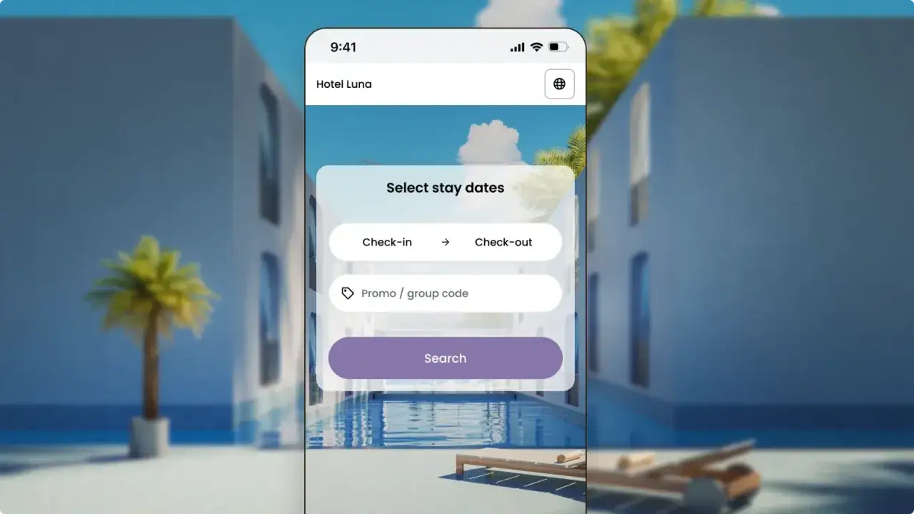 Schermata app Hotel Luna per selezionare date soggiorno, con campi check-in/out e codice promo. Un esempio di interfaccia per l'ab testing.