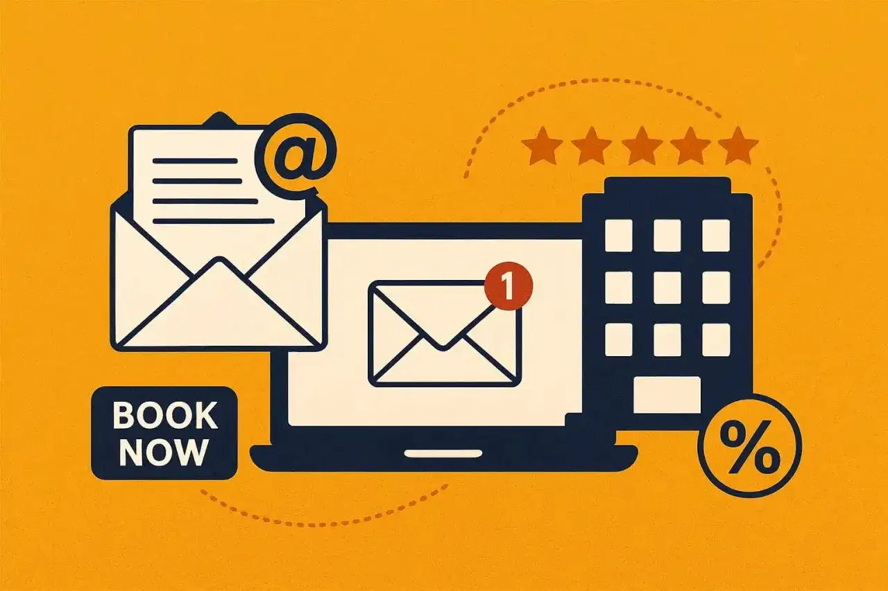Strategie di hotel email marketing: un computer con icone di email, un hotel, stelle e un pulsante 