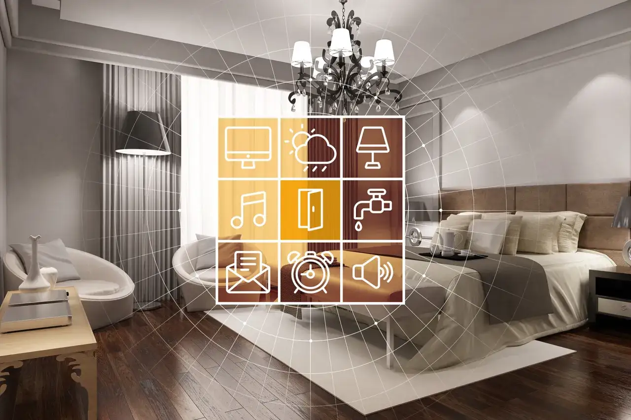Interno di una camera da letto moderna con icone che rappresentano funzioni di una smart room: computer, meteo, lampada, musica, porta, rubinetto, email, sveglia e volume.