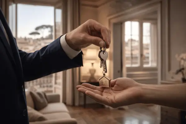 Consegna chiavi con ciondolo a forma di casa. Un passo importante per la percentuale gestione casa vacanze.