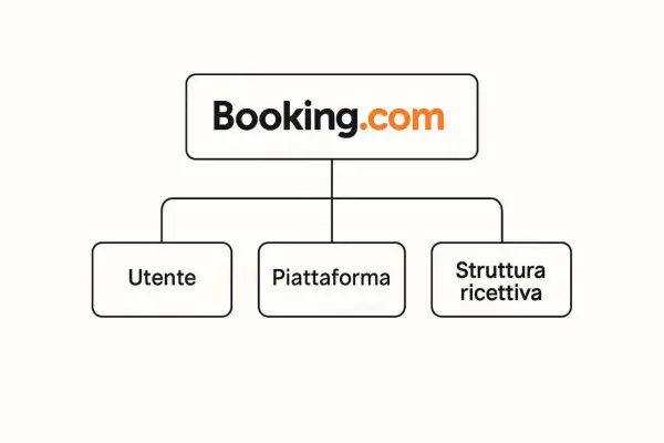 Schema che illustra il funzionamento di Booking.com: Utente, Piattaforma e Struttura ricettiva. Prenota senza pagamento anticipato, paga in struttura.